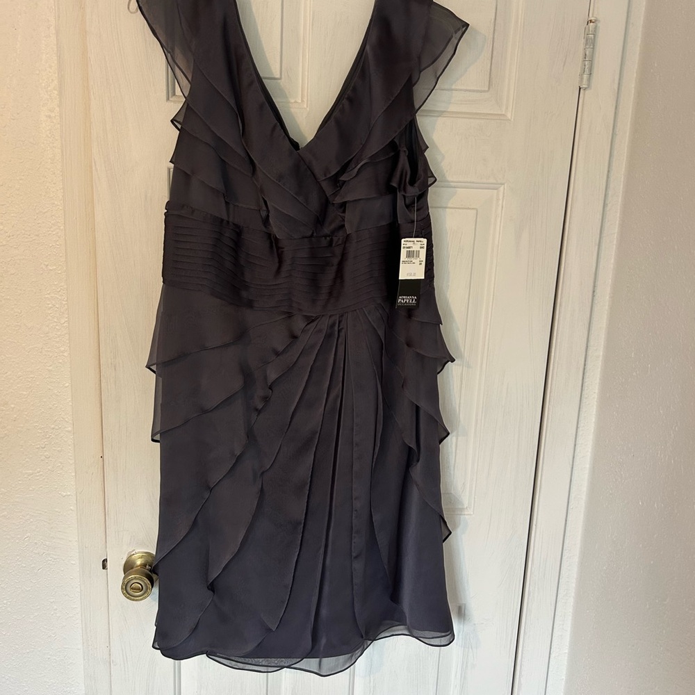 Adrianna Papell Gray Sheath Mini Dress V-Neck Flutter Sleeve